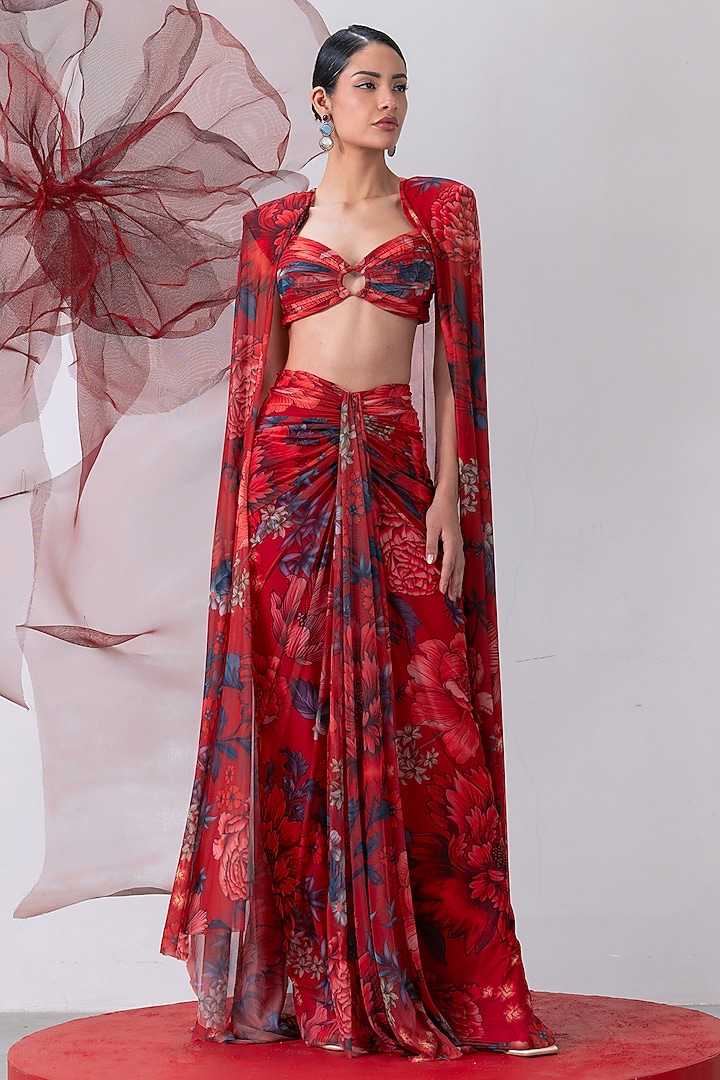 Red Mesh Lycra Printed Draped Skirt Set by Vesture at Pernia's Pop Up Shop