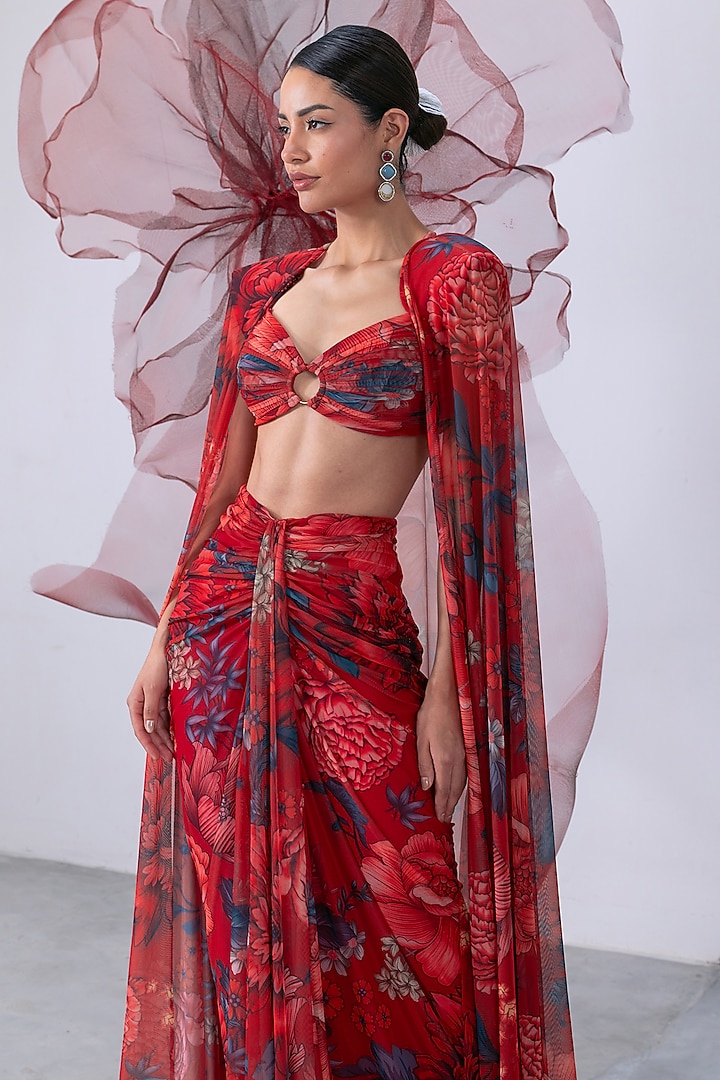Red Mesh Lycra Printed Draped Skirt Set by Vesture at Pernia's Pop Up Shop