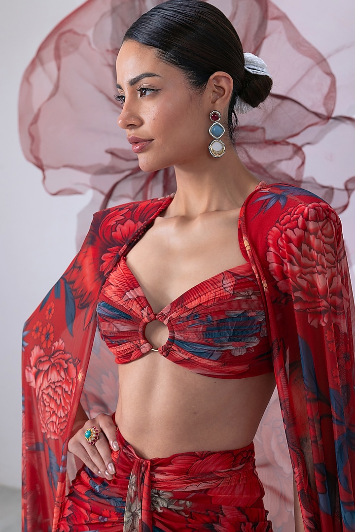 Red Mesh Lycra Printed Draped Skirt Set by Vesture at Pernia's Pop Up Shop