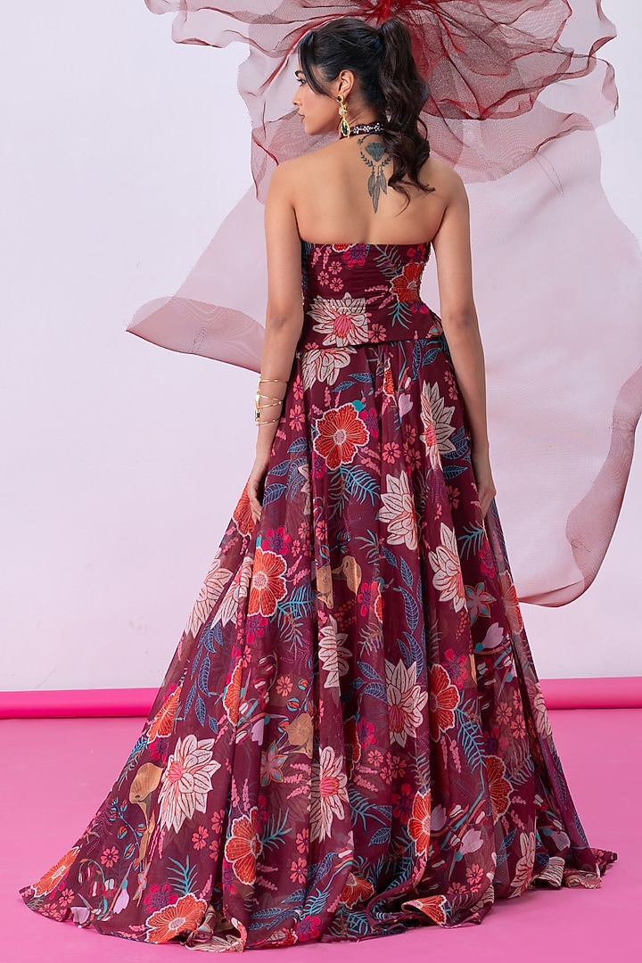 Maroon Organza Printed Skirt Set by Vesture at Pernia's Pop Up Shop