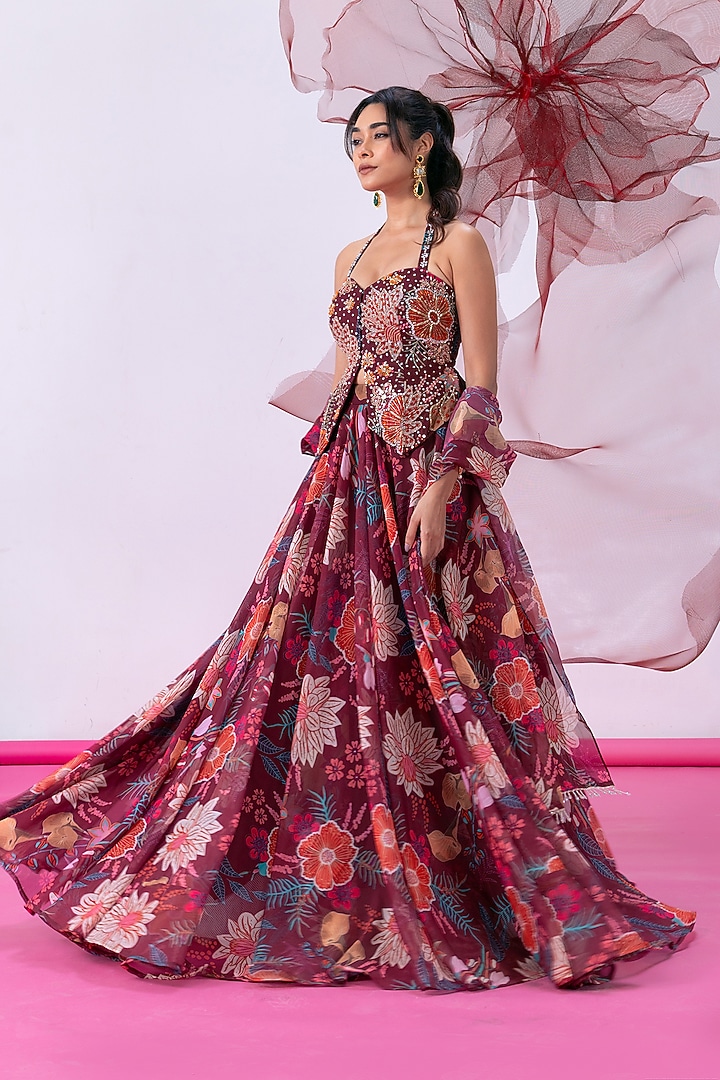 Maroon Organza Printed Skirt Set by Vesture at Pernia's Pop Up Shop