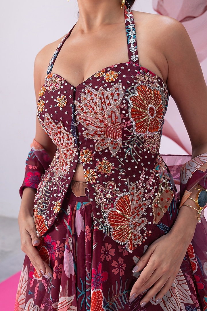 Maroon Organza Printed Skirt Set by Vesture at Pernia's Pop Up Shop