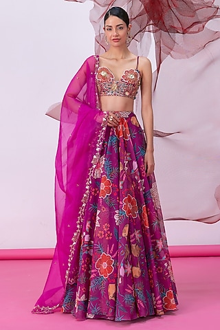 Pink Organza Printed Flared Skirt Set by Vesture