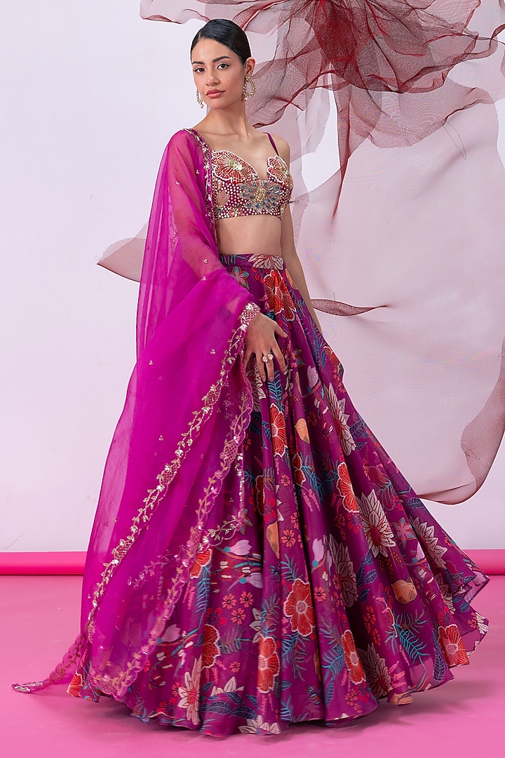Pink Organza Printed Flared Skirt Set by Vesture at Pernia's Pop Up Shop