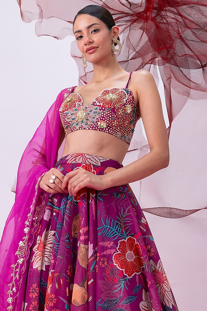 Pink Organza Printed Flared Skirt Set by Vesture at Pernia's Pop Up Shop