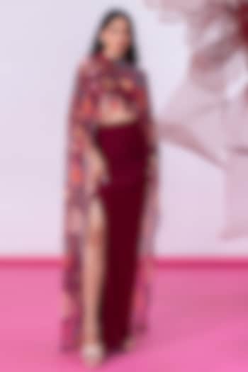 Maroon Mesh Lycra Printed Draped Skirt Set by Vesture at Pernia's Pop Up Shop