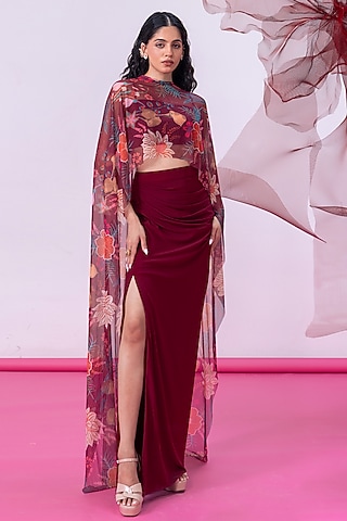 Maroon Mesh Lycra Printed Draped Skirt Set by Vesture