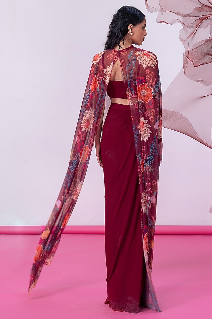 Maroon Mesh Lycra Printed Draped Skirt Set by Vesture at Pernia's Pop Up Shop