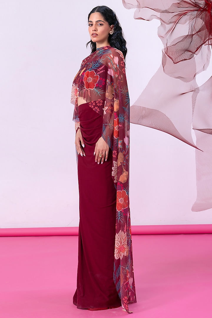 Maroon Mesh Lycra Printed Draped Skirt Set by Vesture at Pernia's Pop Up Shop