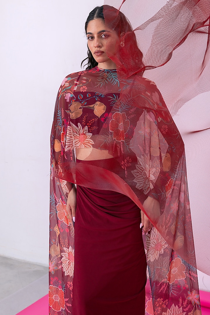 Maroon Mesh Lycra Printed Draped Skirt Set by Vesture at Pernia's Pop Up Shop