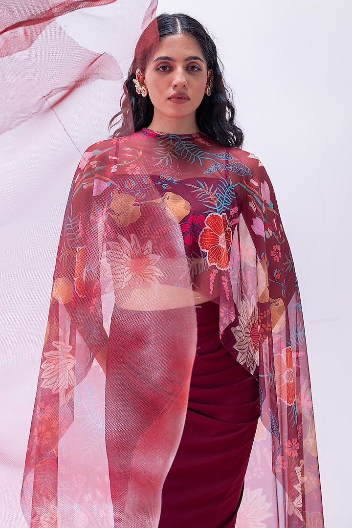 Maroon Mesh Lycra Printed Draped Skirt Set by Vesture at Pernia's Pop Up Shop