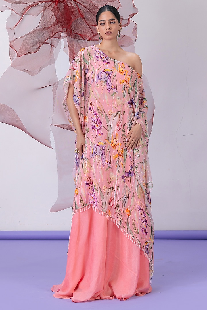 Peach Lurex Chiffon Printed Kaftan Set by Vesture at Pernia's Pop Up Shop