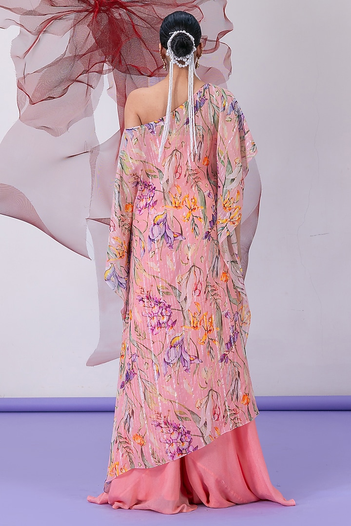 Peach Lurex Chiffon Printed Kaftan Set by Vesture at Pernia's Pop Up Shop