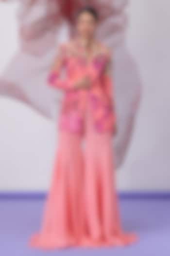 Peach Crepe Printed Jacket Set by Vesture at Pernia's Pop Up Shop