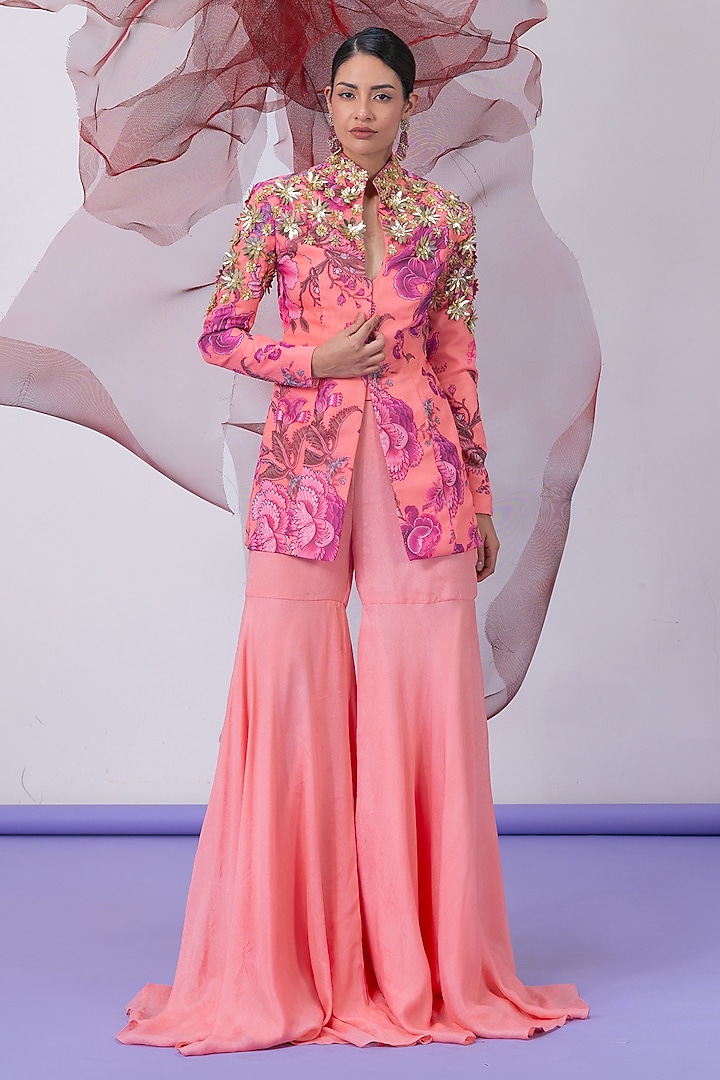 Peach Crepe Printed Jacket Set by Vesture at Pernia's Pop Up Shop