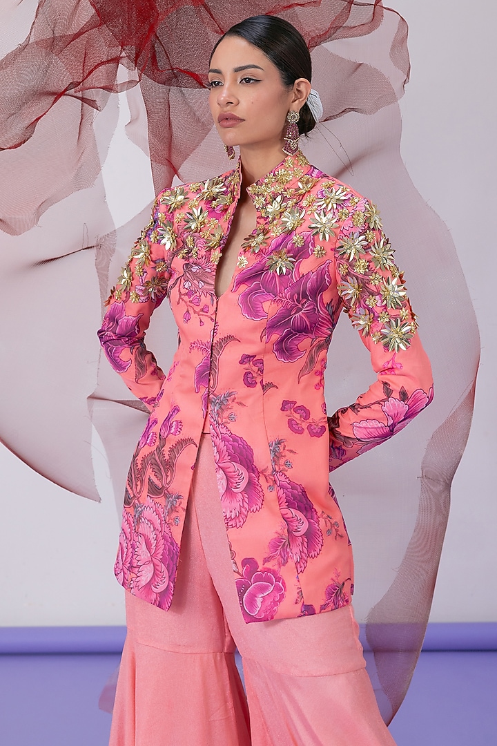 Peach Crepe Printed Jacket Set by Vesture at Pernia's Pop Up Shop