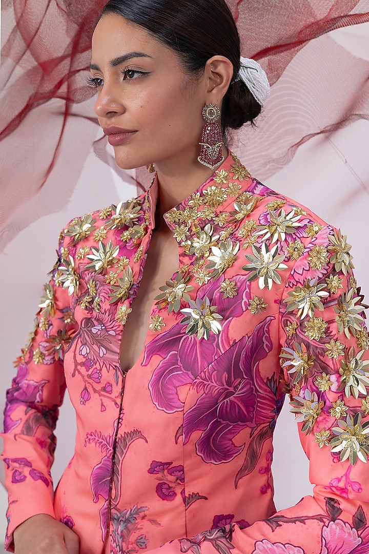 Peach Crepe Printed Jacket Set by Vesture at Pernia's Pop Up Shop