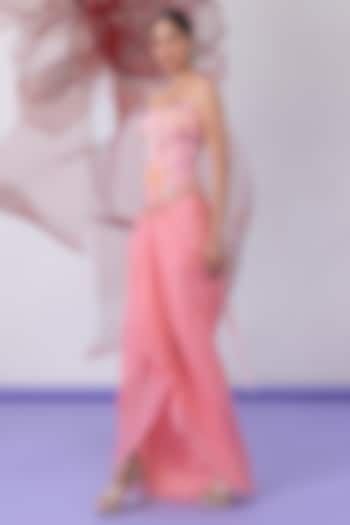 Peach Crepe Printed Draped Skirt Set by Vesture at Pernia's Pop Up Shop