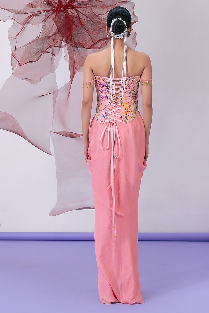 Peach Crepe Printed Draped Skirt Set by Vesture at Pernia's Pop Up Shop