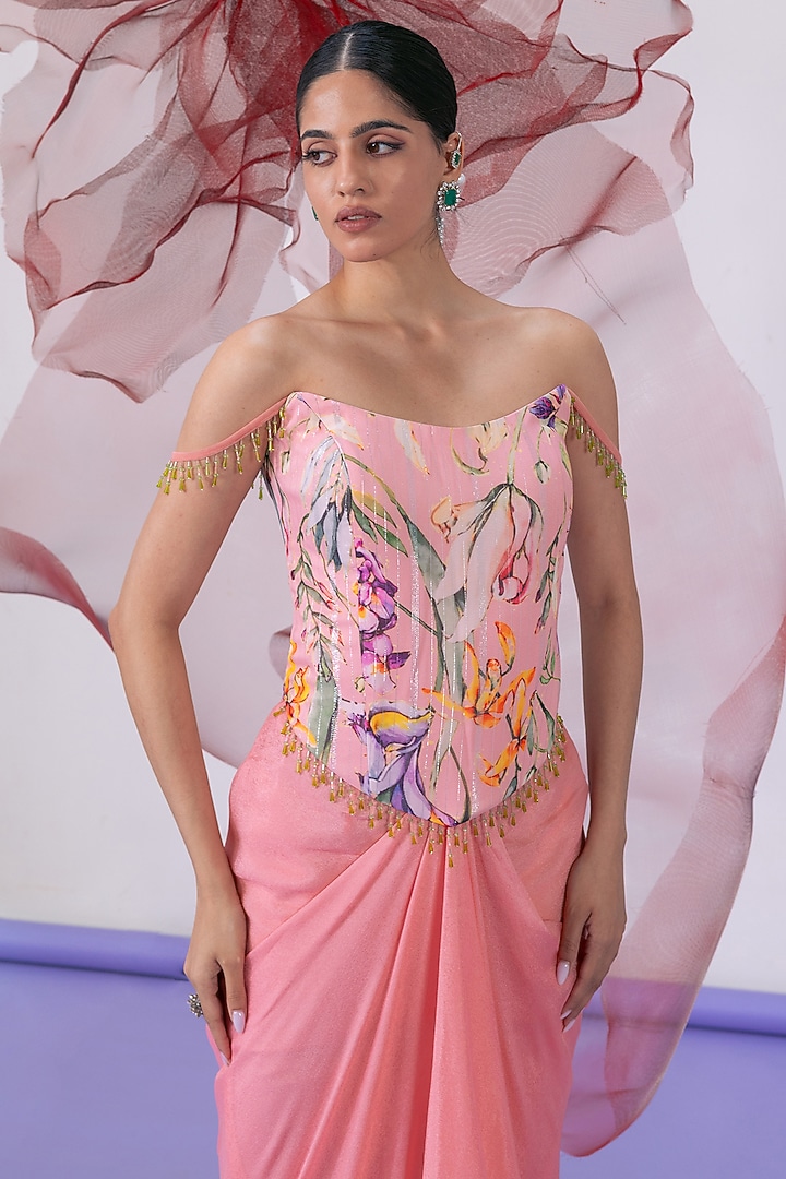 Peach Crepe Printed Draped Skirt Set by Vesture at Pernia's Pop Up Shop