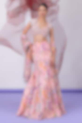 Peach Lurex Chiffon Printed Wedding Lehenga Set by Vesture at Pernia's Pop Up Shop