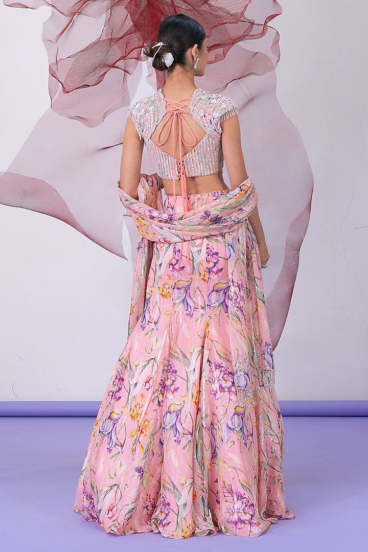 Peach Lurex Chiffon Printed Wedding Lehenga Set by Vesture at Pernia's Pop Up Shop
