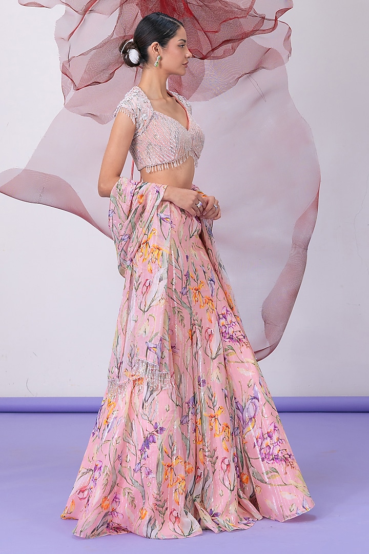 Peach Lurex Chiffon Printed Wedding Lehenga Set by Vesture at Pernia's Pop Up Shop