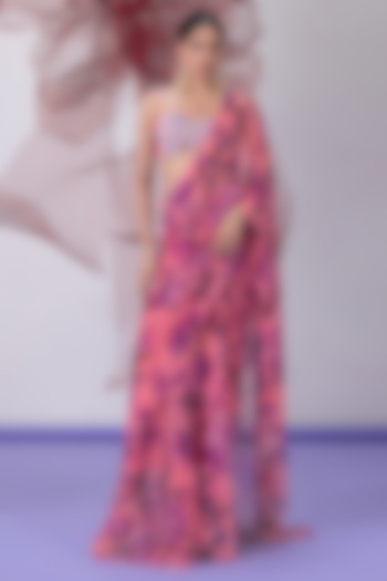 Pink Mesh Lycra Printed & Embellished Wedding Saree Set by Vesture at Pernia's Pop Up Shop