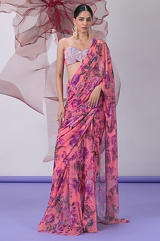 Pink Mesh Lycra Printed & Embellished Saree Set by Vesture