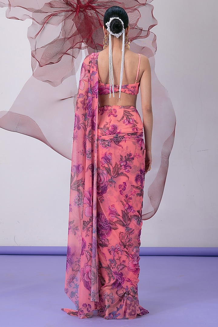 Pink Mesh Lycra Printed & Embellished Wedding Saree Set by Vesture at Pernia's Pop Up Shop