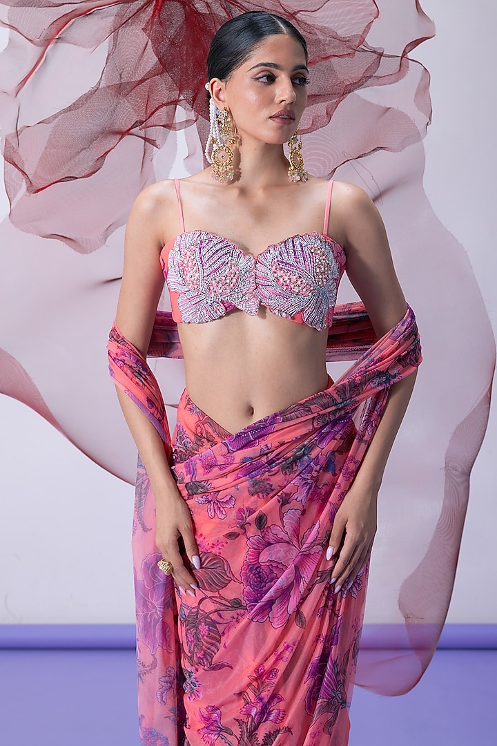 Pink Mesh Lycra Printed & Embellished Wedding Saree Set by Vesture at Pernia's Pop Up Shop