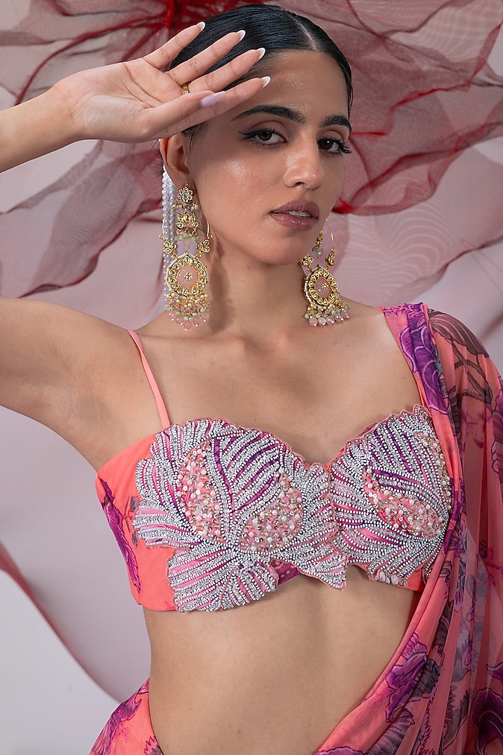 Pink Mesh Lycra Printed & Embellished Wedding Saree Set by Vesture at Pernia's Pop Up Shop