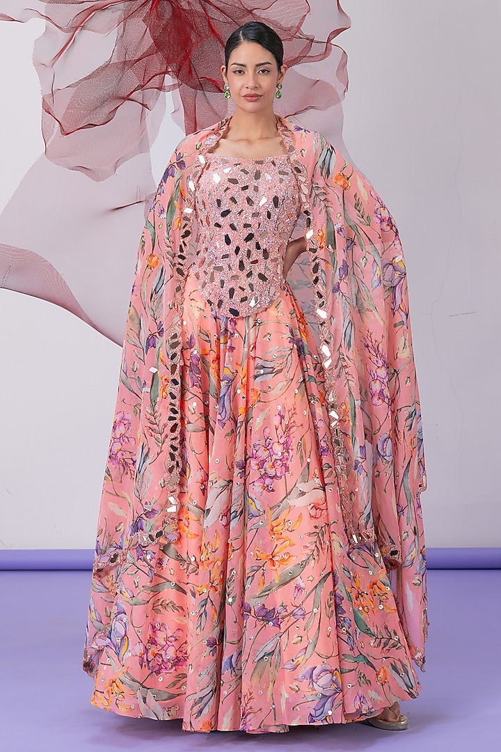 Peach Organza Printed Wedding Lehenga Set by Vesture at Pernia's Pop Up Shop