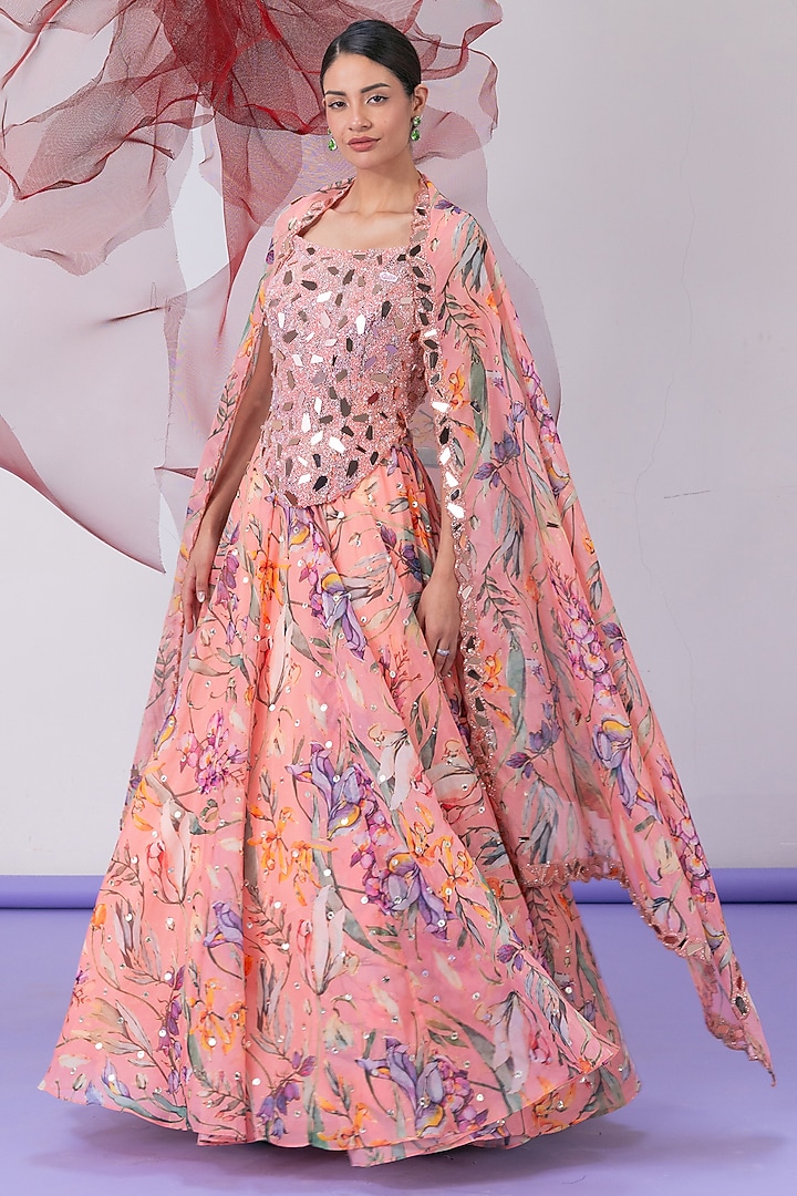 Peach Organza Printed Wedding Lehenga Set by Vesture at Pernia's Pop Up Shop