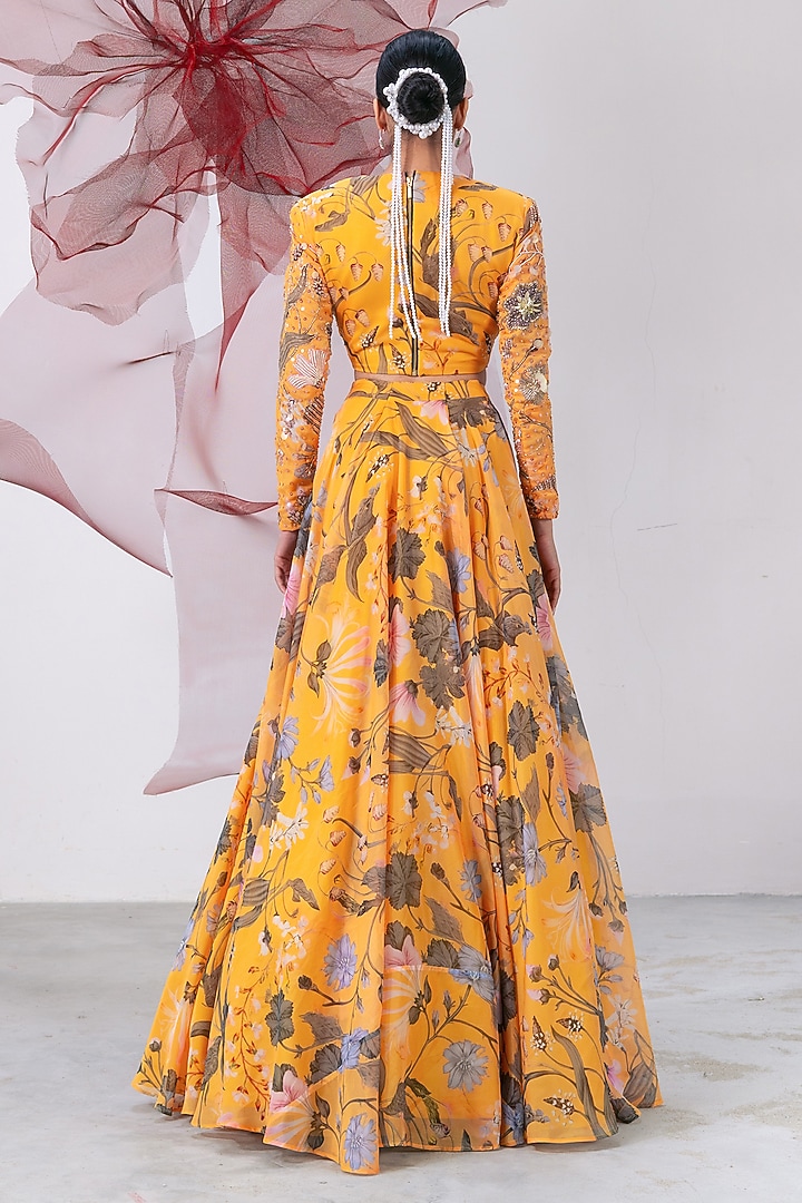 Yellow Organza Printed Flared Skirt Set by Vesture at Pernia's Pop Up Shop