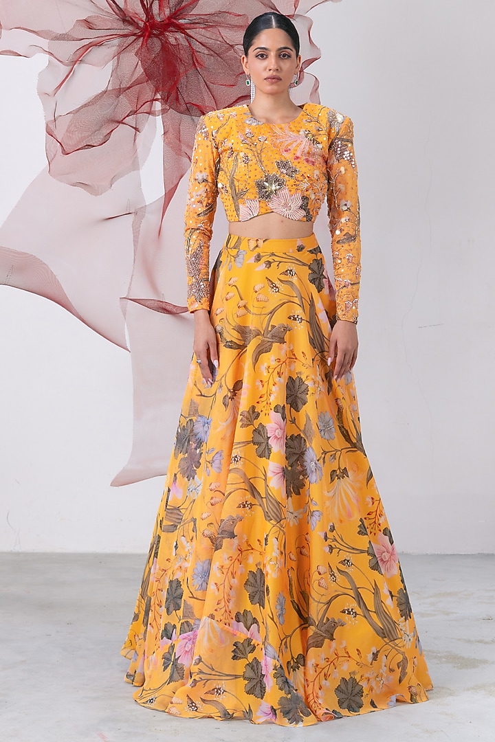 Yellow Organza Printed Flared Skirt Set by Vesture at Pernia's Pop Up Shop