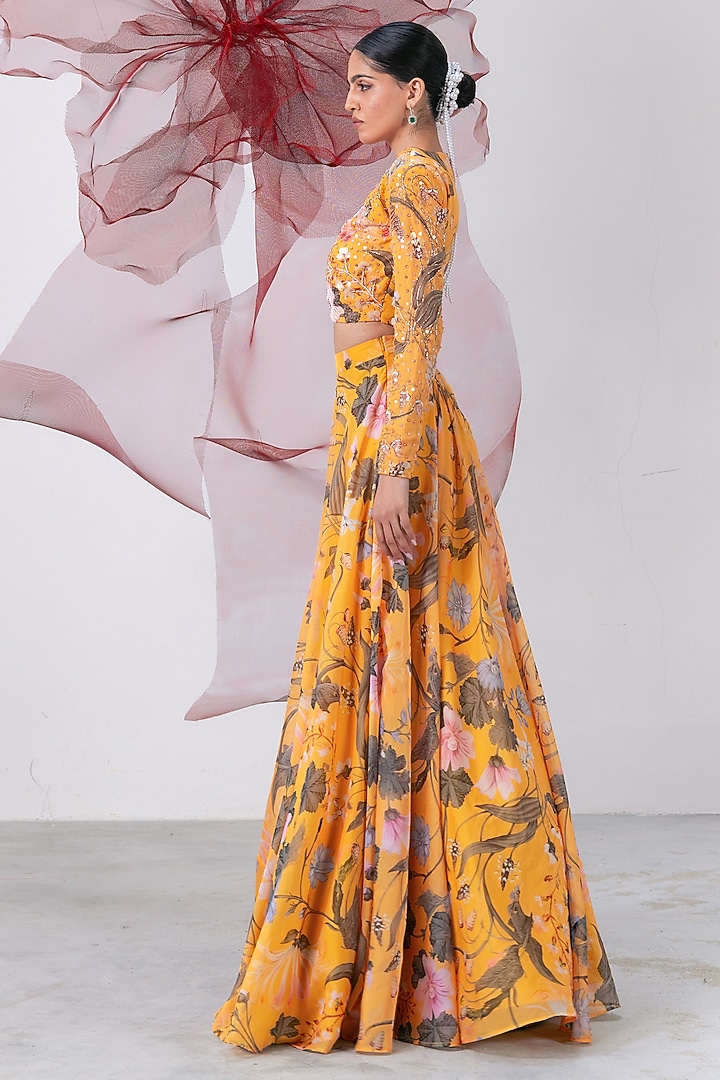 Yellow Organza Printed Flared Skirt Set by Vesture at Pernia's Pop Up Shop
