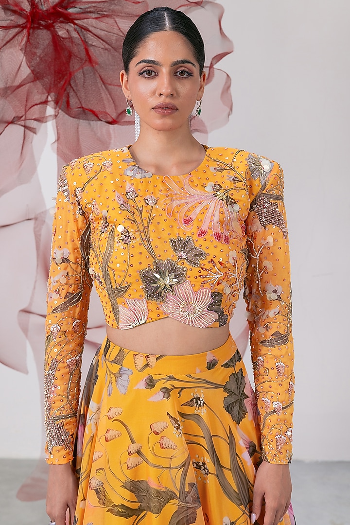 Yellow Organza Printed Flared Skirt Set by Vesture at Pernia's Pop Up Shop