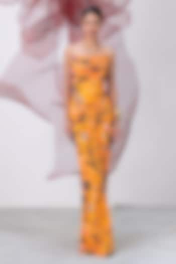 Yellow Mesh Lycra Draped Skirt Set by Vesture at Pernia's Pop Up Shop