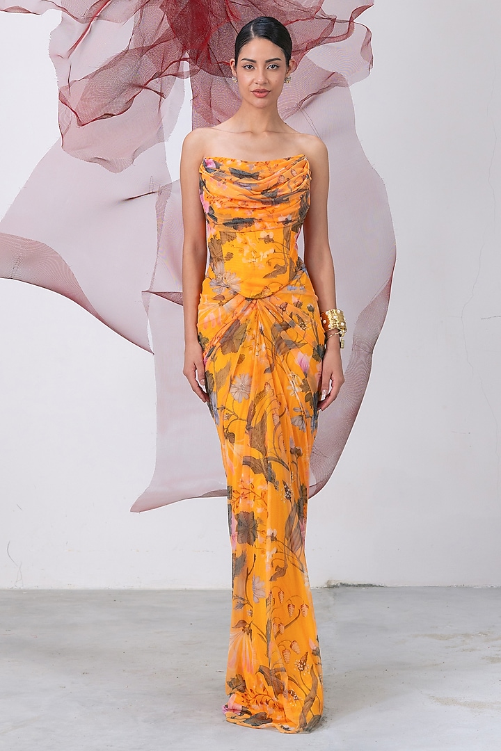 Yellow Mesh Lycra Draped Skirt Set by Vesture at Pernia's Pop Up Shop