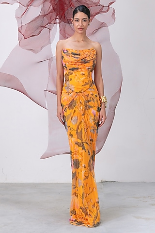 Yellow Mesh Lycra Draped Skirt Set by Vesture