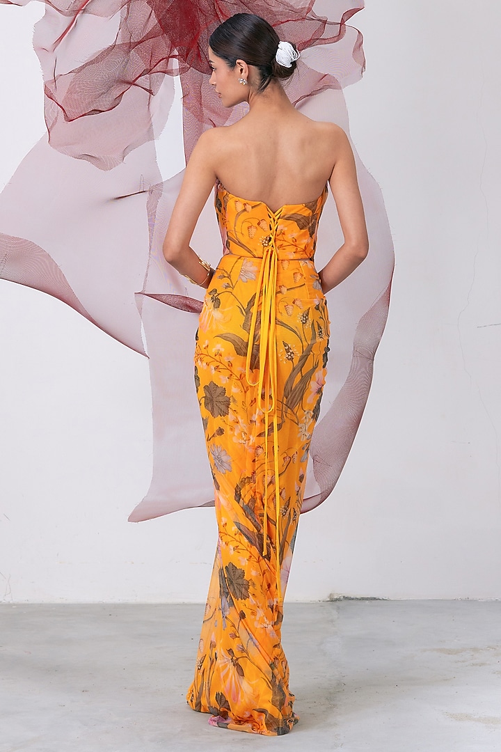 Yellow Mesh Lycra Draped Skirt Set by Vesture at Pernia's Pop Up Shop