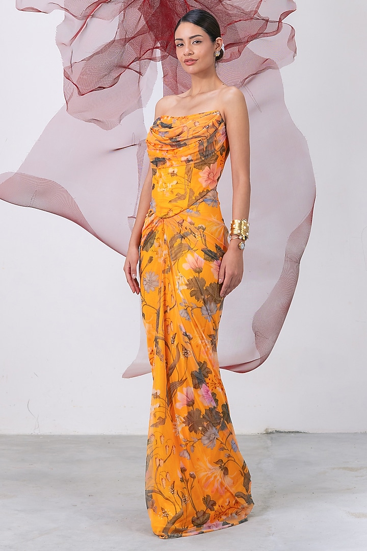 Yellow Mesh Lycra Draped Skirt Set by Vesture at Pernia's Pop Up Shop