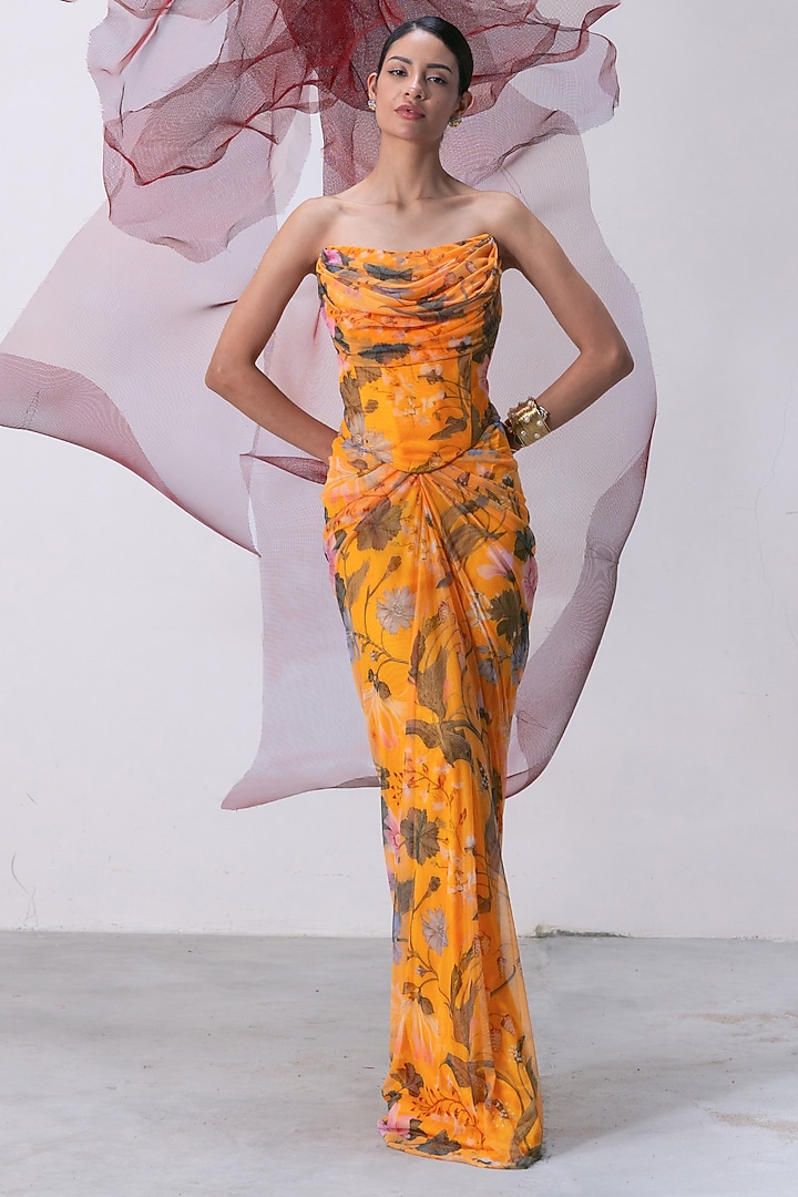 Yellow Mesh Lycra Draped Skirt Set by Vesture at Pernia's Pop Up Shop