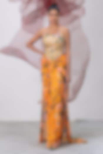 Yellow Mesh Lycra Draped Skirt Set by Vesture at Pernia's Pop Up Shop