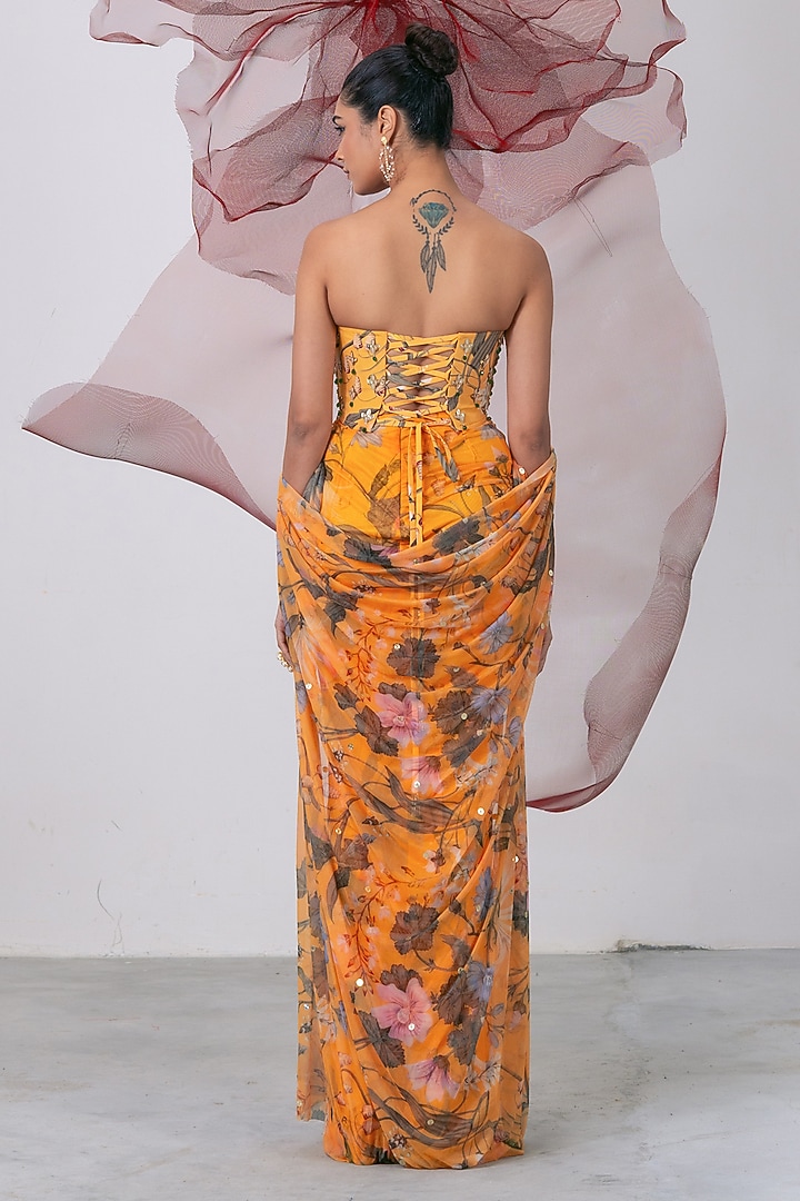Yellow Mesh Lycra Draped Skirt Set by Vesture at Pernia's Pop Up Shop