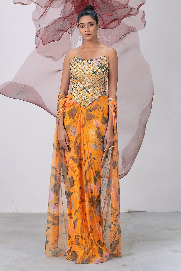 Yellow Mesh Lycra Draped Skirt Set by Vesture at Pernia's Pop Up Shop