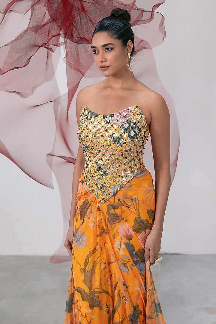 Yellow Mesh Lycra Draped Skirt Set by Vesture at Pernia's Pop Up Shop