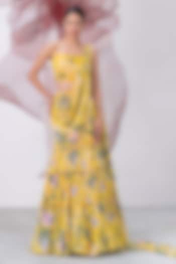 Yellow Lurex Chiffon Printed Draped Skirt Set by Vesture at Pernia's Pop Up Shop
