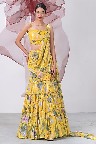 Yellow Lurex Chiffon Printed Draped Skirt Set by Vesture